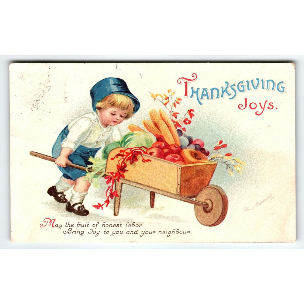 Ellen Clapsaddle Vintage 1915 Thanksgiving Postcard Boy with Wheelbarrow Fruit